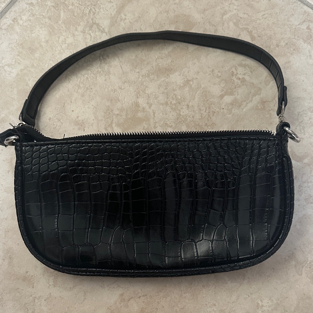 Croc-Embossed Mini Shoulder Bag in Black